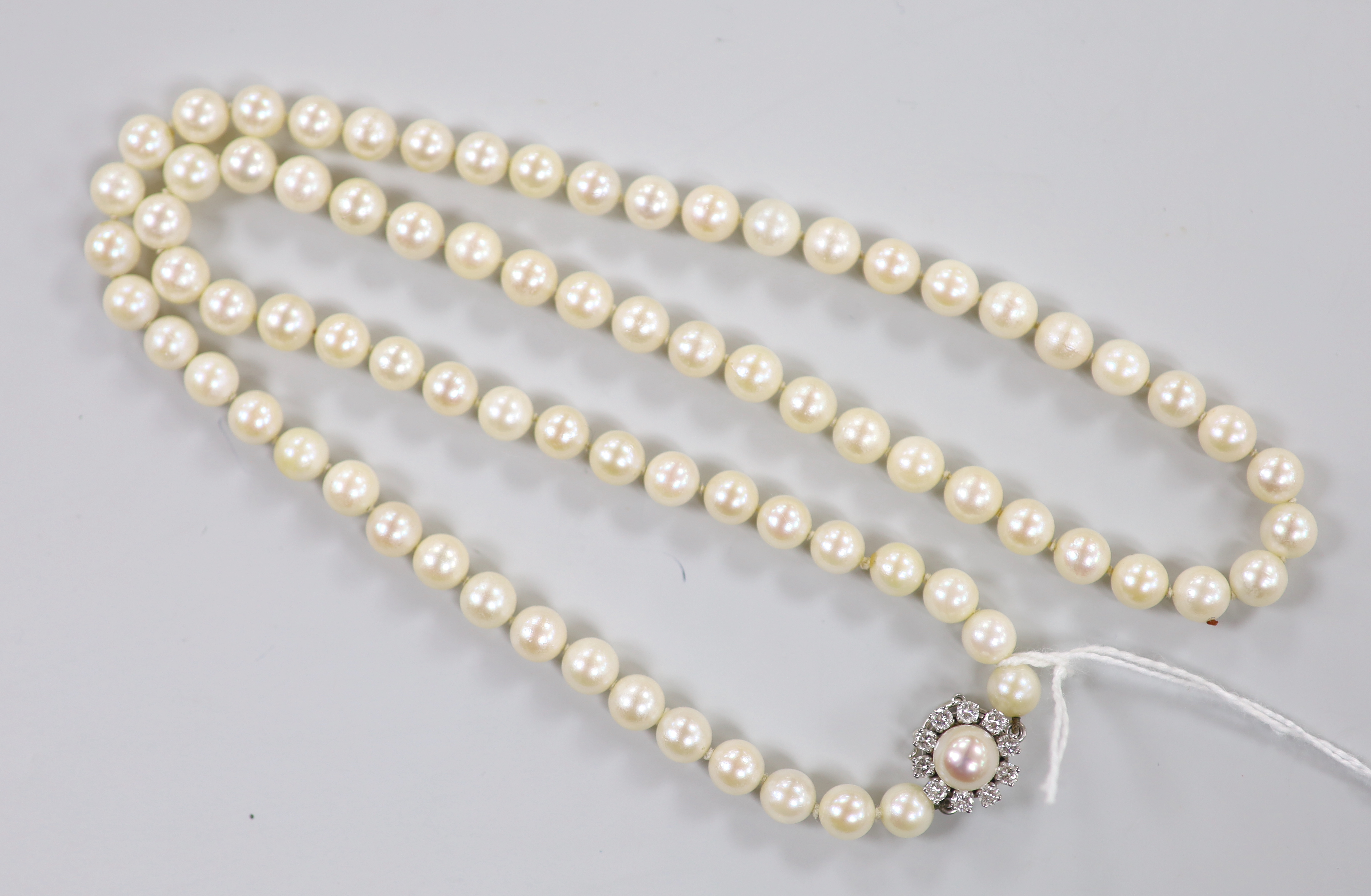 A modern single strand cultured pearl necklace, with diamond and cultured pearl set 750 white metal clasp, 56cm.